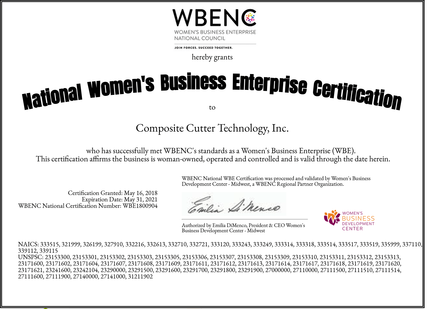 Women’s Business Enterprise National Council (WBENC) certification